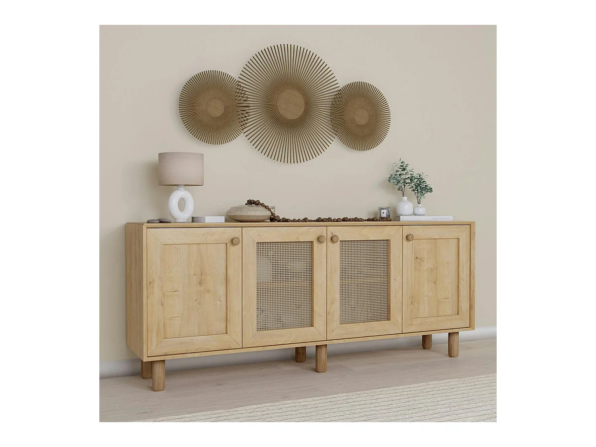 Buffet salle à manger moderne effet bois détail cannage VAREN