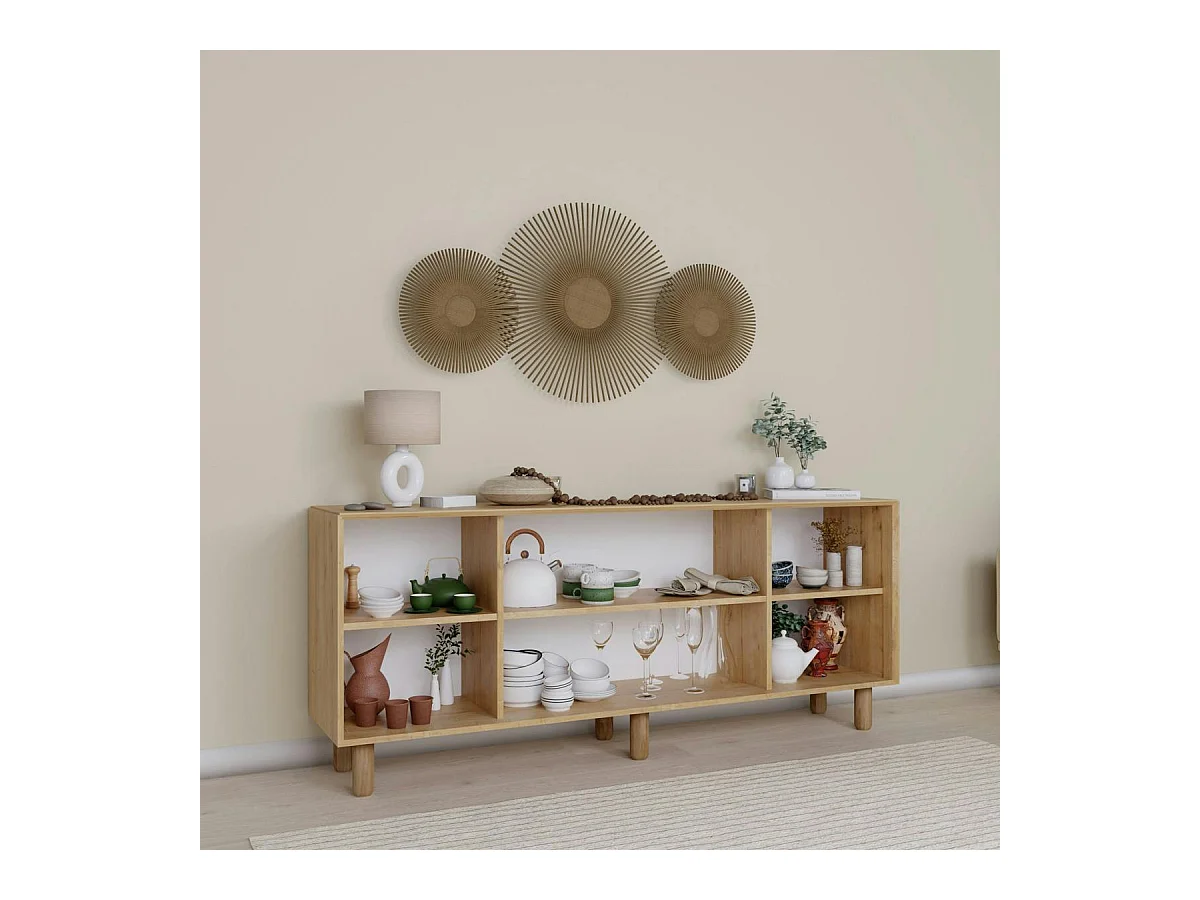 Buffet salle à manger moderne effet bois détail cannage VAREN