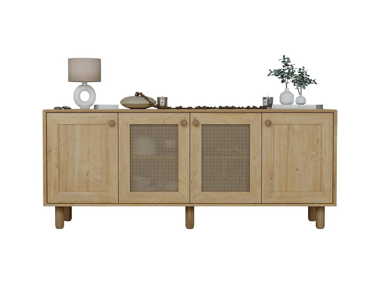 Buffet salle à manger moderne effet bois détail cannage VAREN