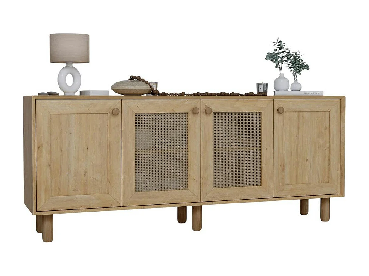 Buffet salle à manger moderne effet bois détail cannage VAREN