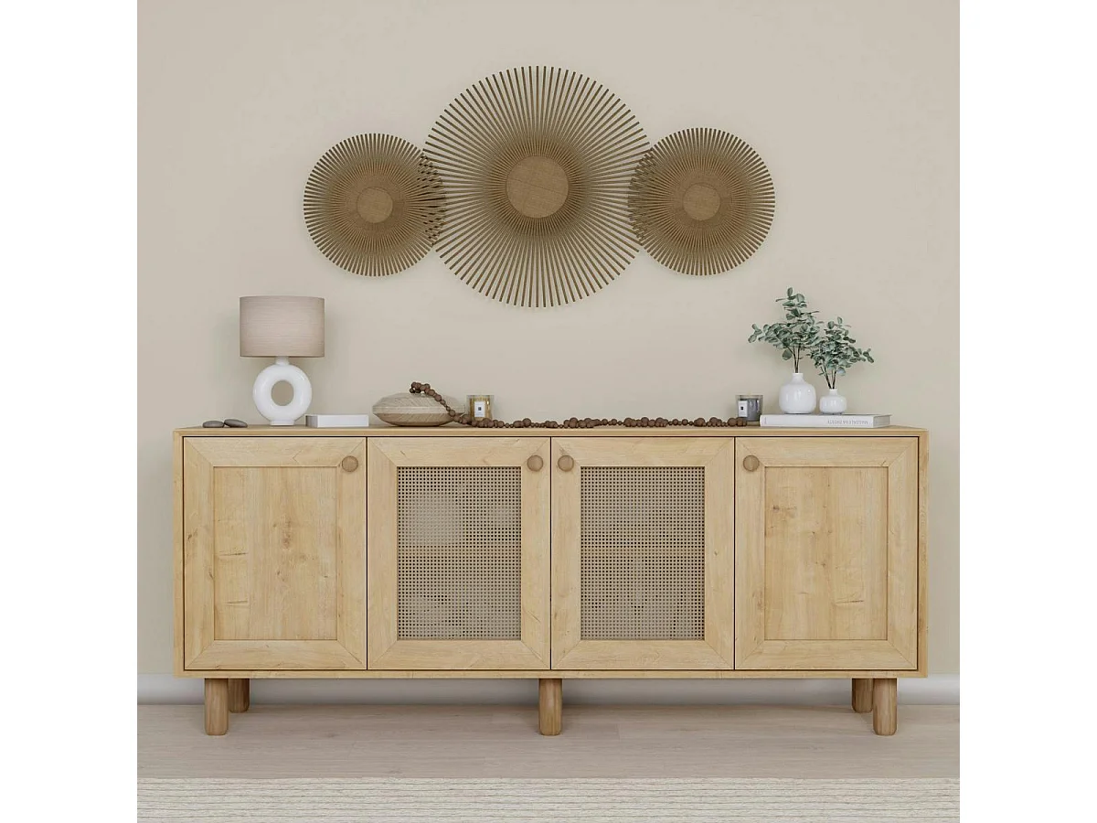 Buffet salle à manger moderne effet bois détail cannage VAREN