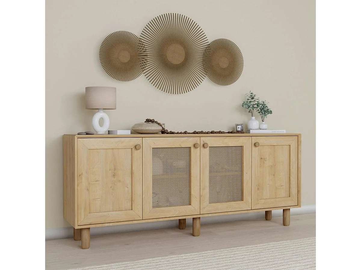 Buffet salle à manger moderne effet bois détail cannage VAREN