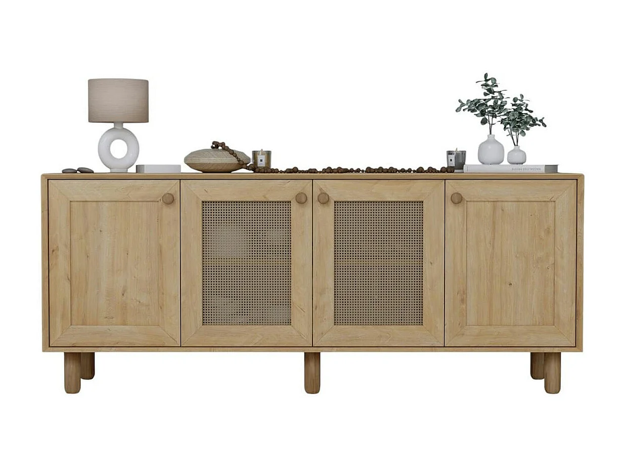 Buffet salle à manger moderne effet bois détail cannage VAREN