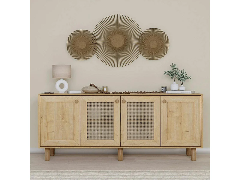 Buffet salle à manger moderne effet bois détail cannage VAREN