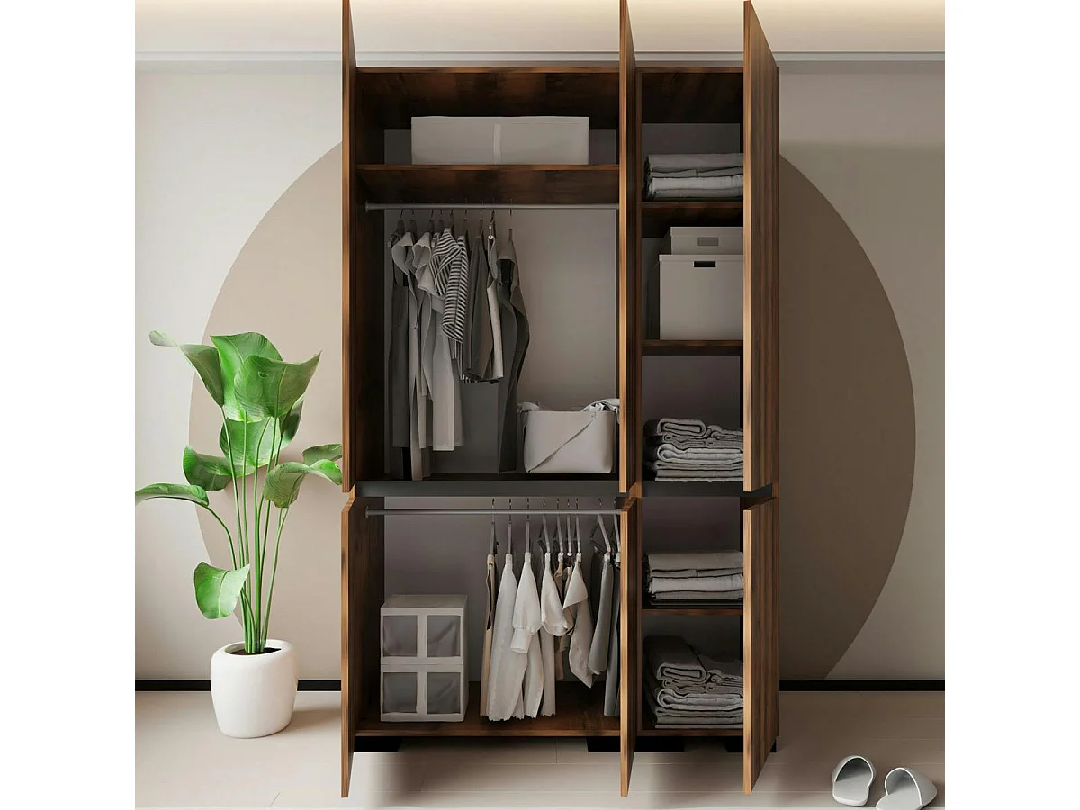 Armoire penderie 3 portes, effet noyer détail gris BYRON