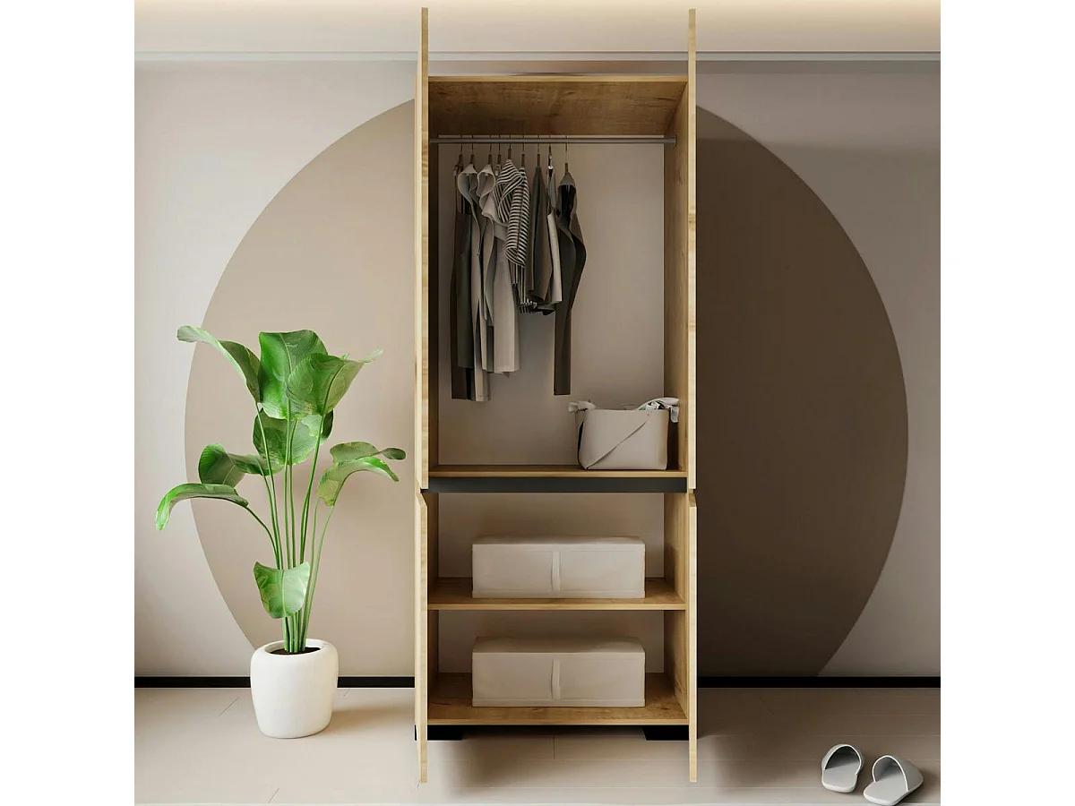 Armoire penderie 2 portes effet bois détail gris BYRON