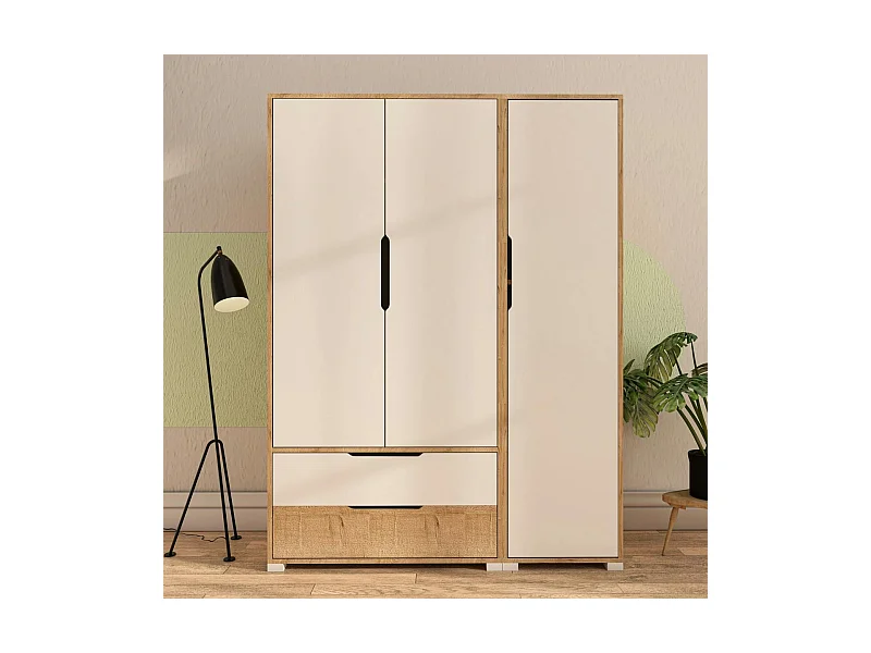 Armoire penderie 3 portes, effet bois et blanc BYRON