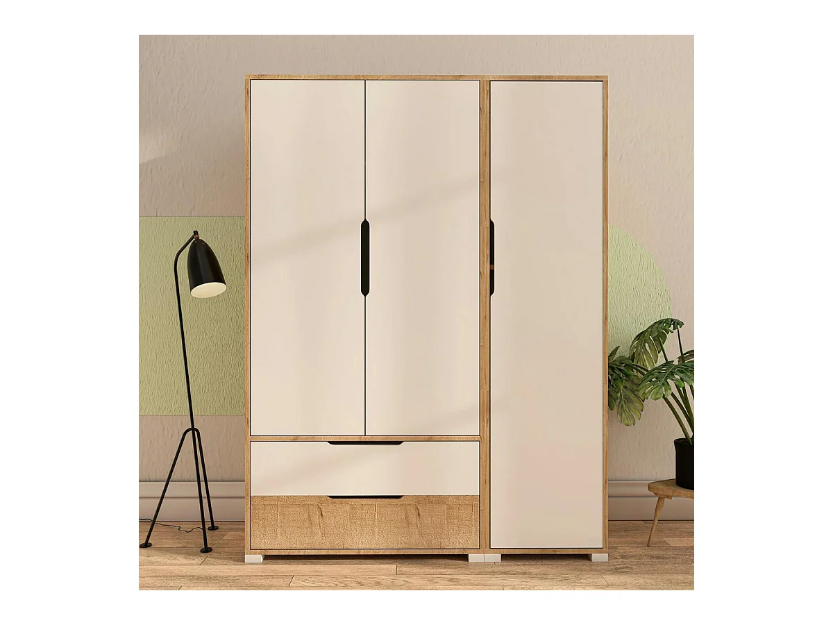Armoire penderie 3 portes, effet bois et blanc BYRON