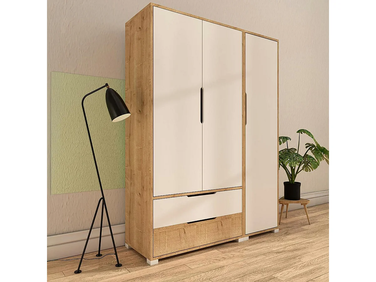 Armoire penderie 3 portes, effet bois et blanc BYRON