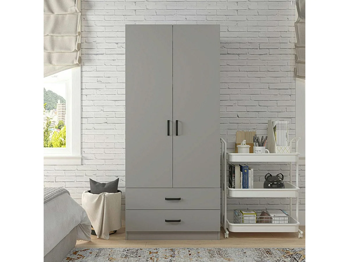 Armoire penderie grise 2 portes 2 tiroirs 80 cm BYRON