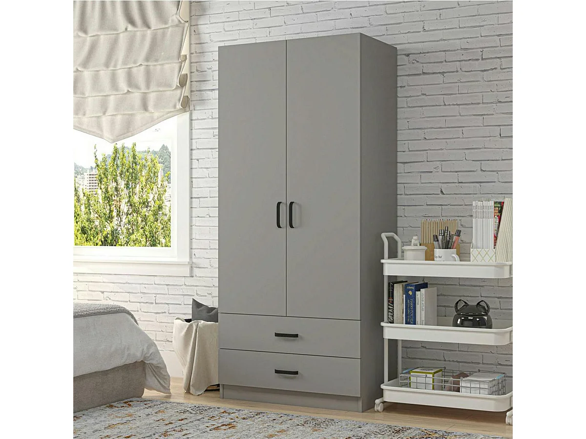 Armoire penderie grise 2 portes 2 tiroirs 80 cm BYRON