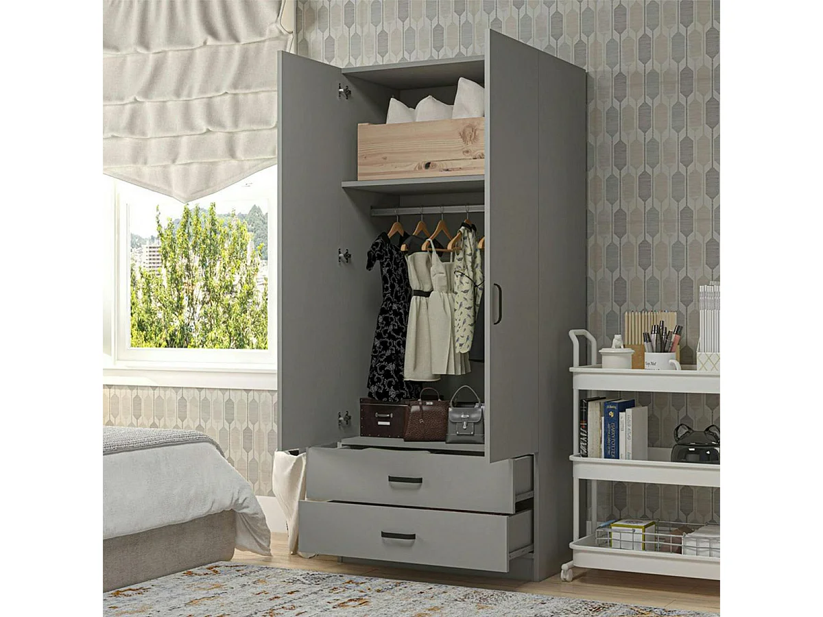 Armoire penderie grise 2 portes 2 tiroirs 80 cm BYRON
