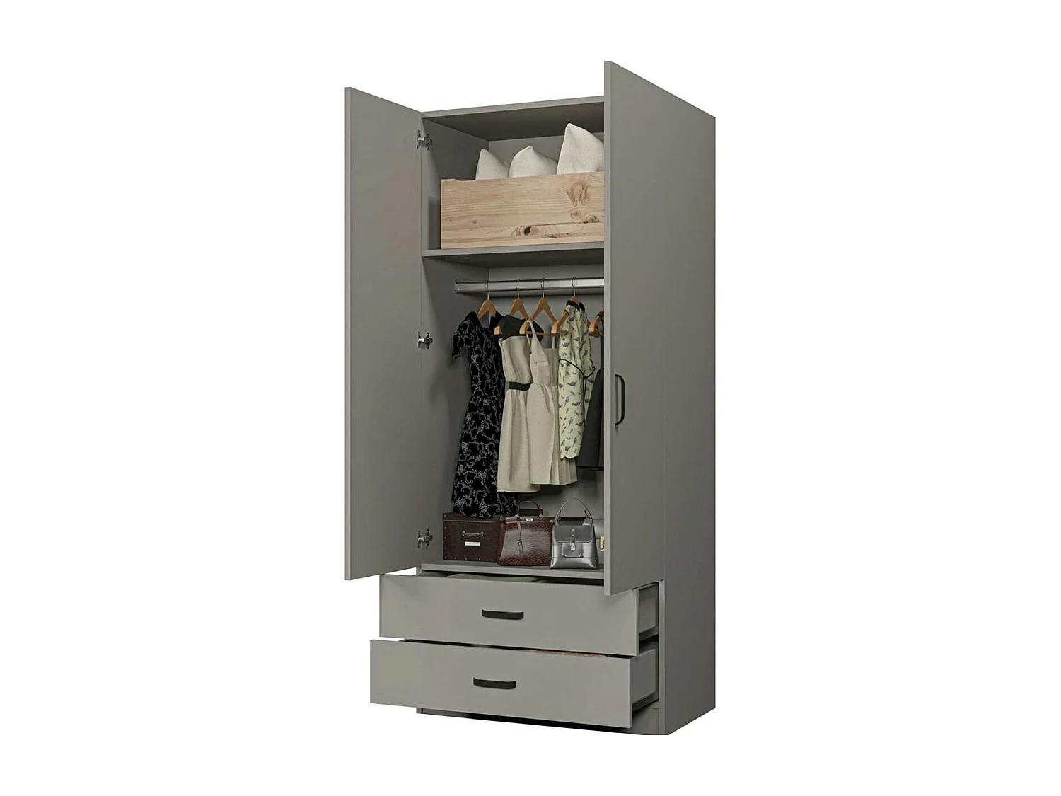 Armoire penderie grise 2 portes 2 tiroirs 80 cm BYRON