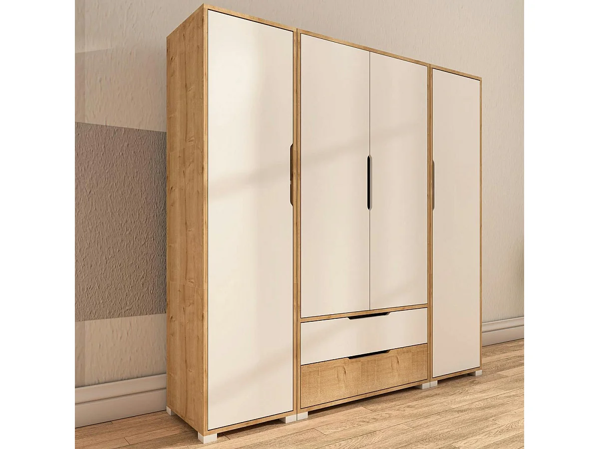 Armoire penderie 4 portes, effet bois et blanc BYRON