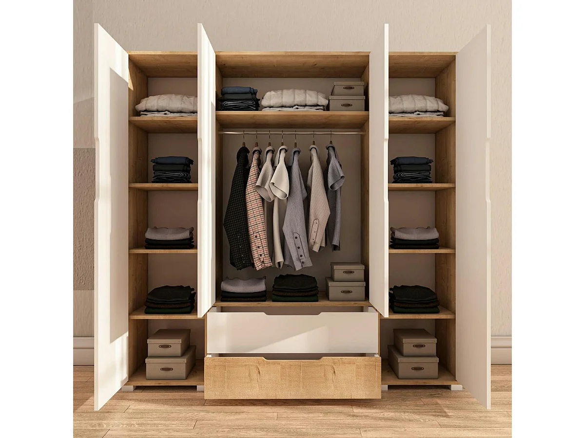 Armoire penderie 4 portes, effet bois et blanc BYRON