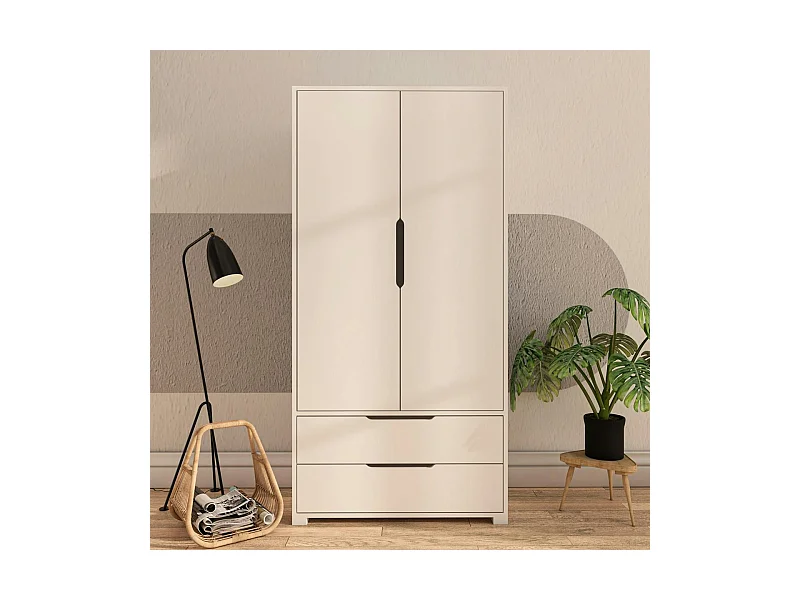 Armoire penderie blanche moderne, 2 portes 2 tiroirs BYRON
