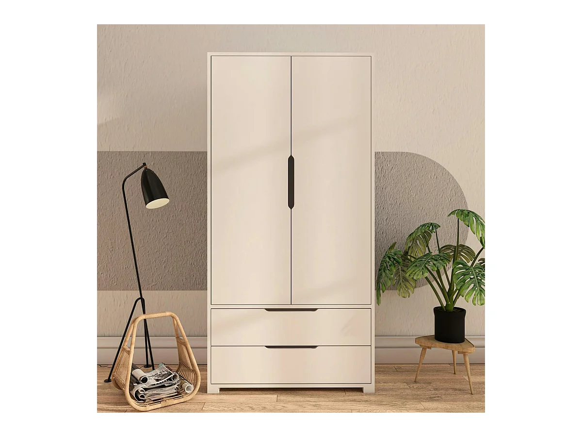 Armoire penderie blanche moderne, 2 portes 2 tiroirs BYRON