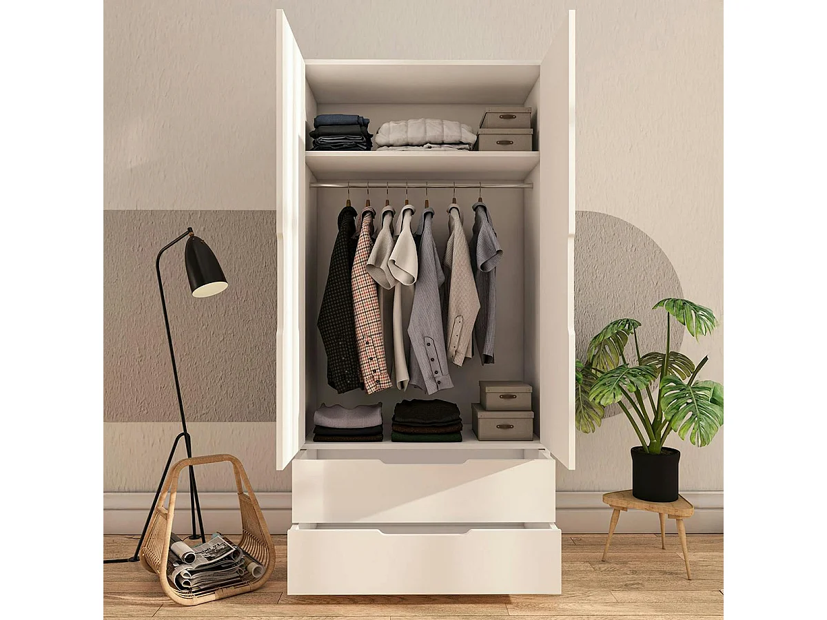 Armoire penderie blanche moderne, 2 portes 2 tiroirs BYRON