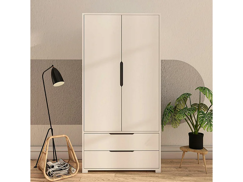 Armoire penderie blanche moderne, 2 portes 2 tiroirs BYRON