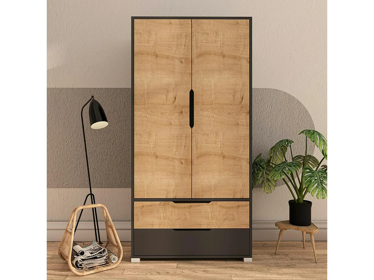 Armoire penderie 2 portes effet bois et anthracite BYRON