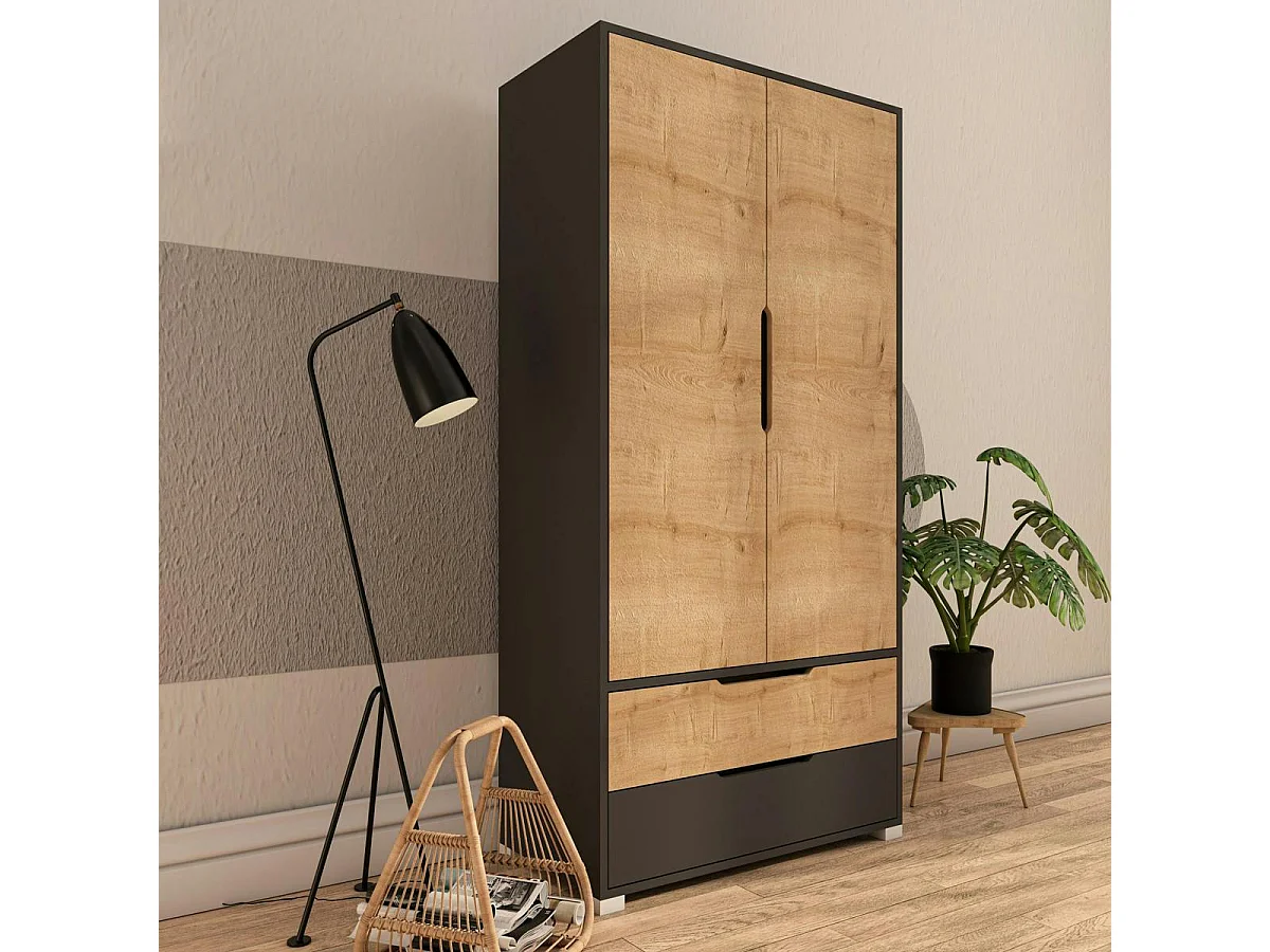 Armoire penderie 2 portes effet bois et anthracite BYRON