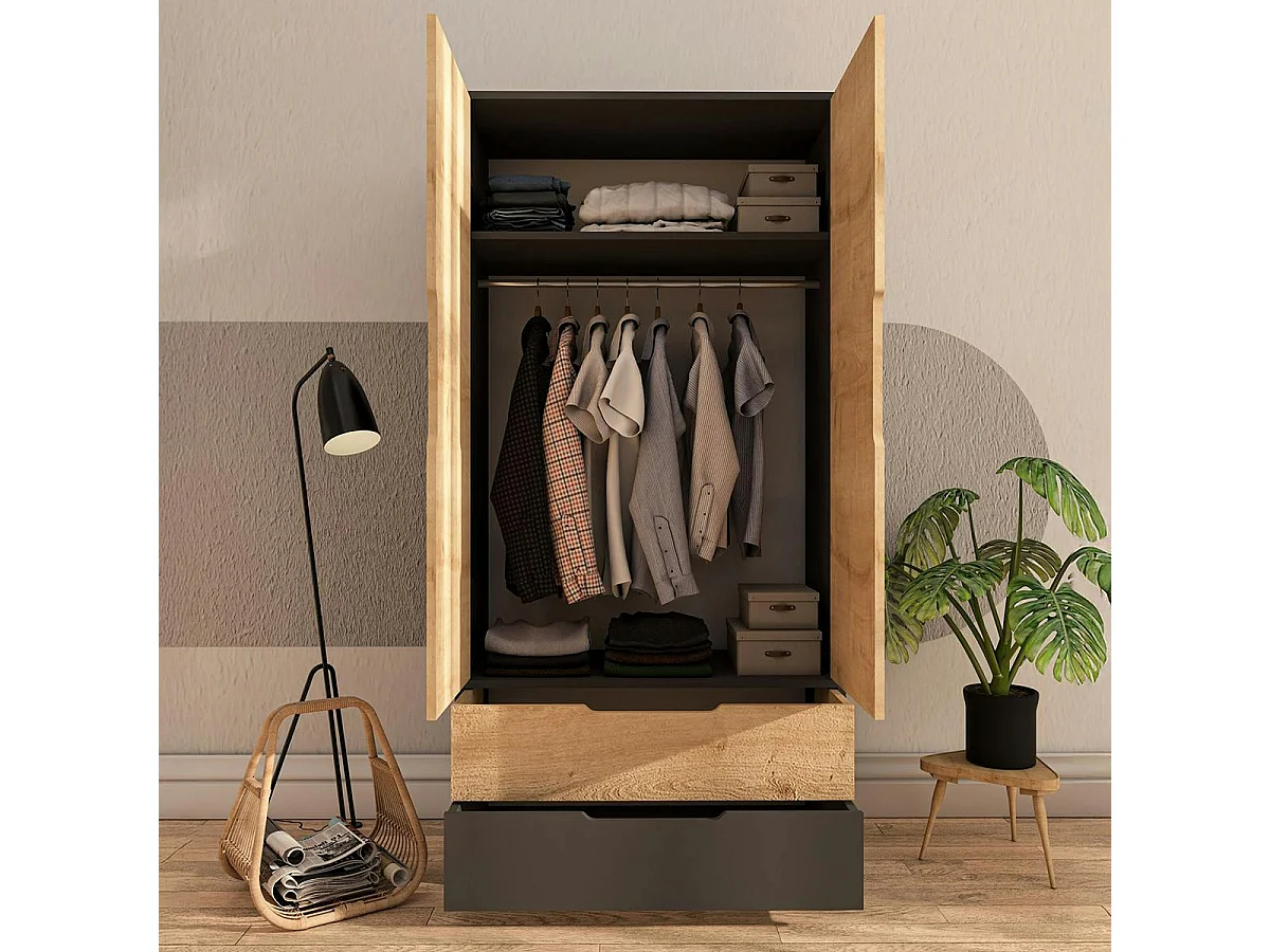 Armoire penderie 2 portes effet bois et anthracite BYRON