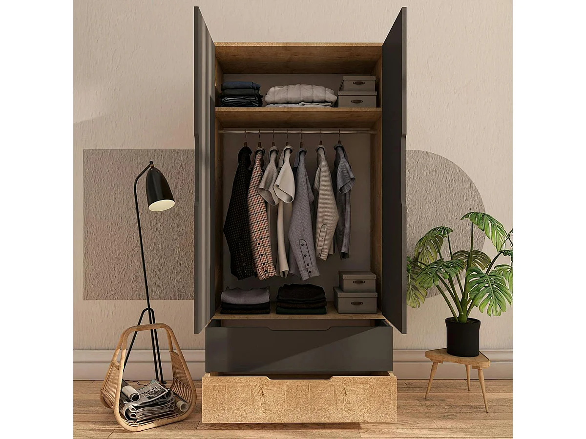 Armoire penderie 2 portes anthracite et effet bois BYRON