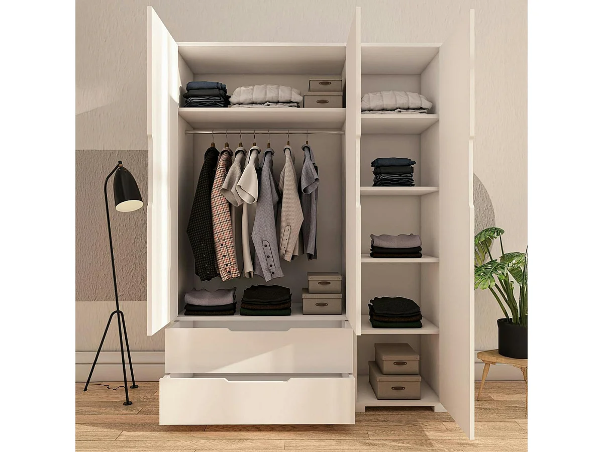 Armoire penderie blanche 3 portes 2 tiroirs BYRON