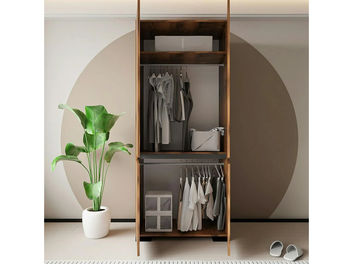 Armoire penderie 2 portes effet noyer détail gris BYRON