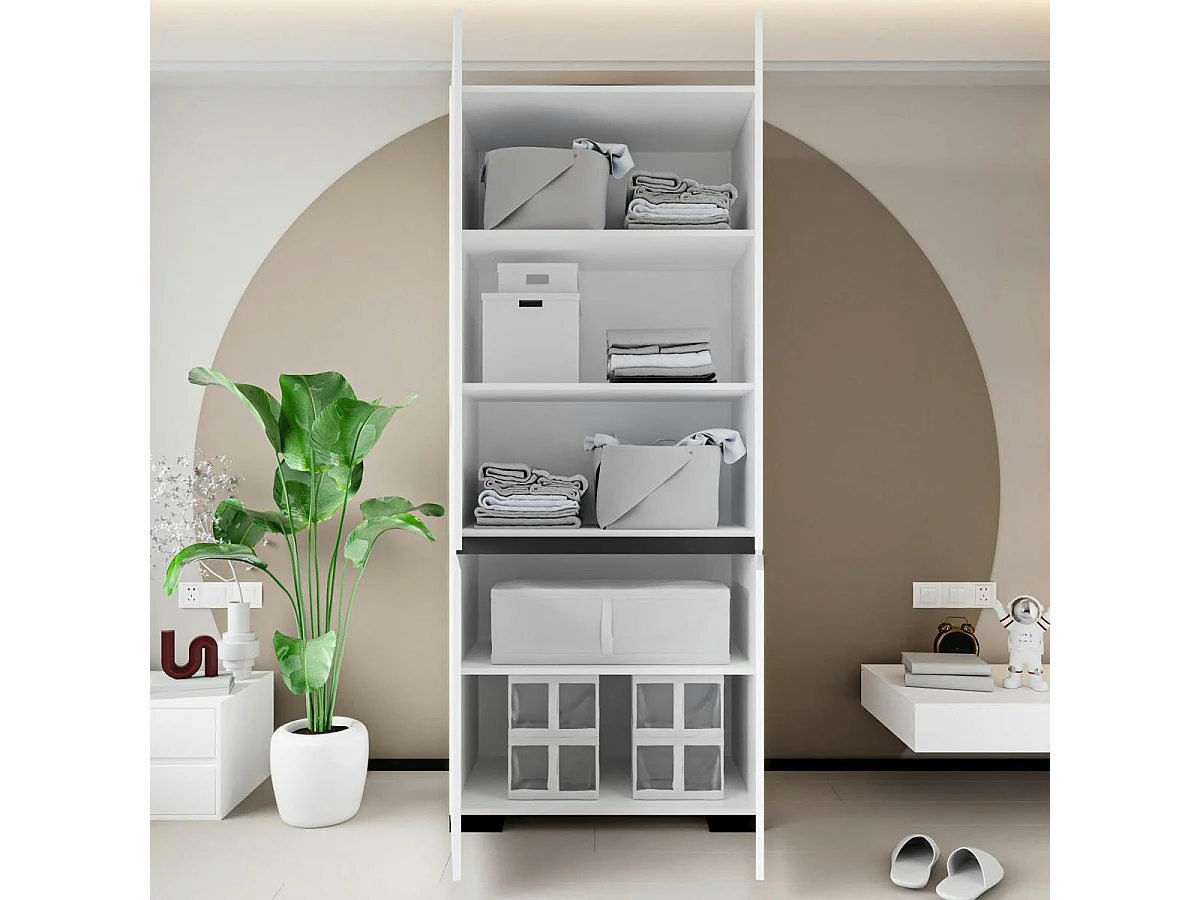 Armoire blanche 2 portes détail gris, 5 étagères BYRON