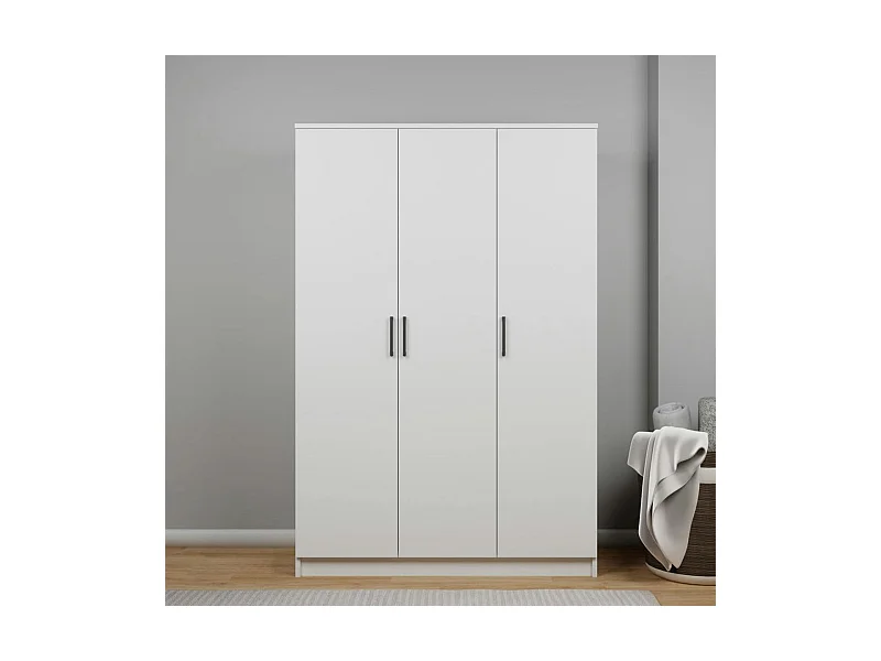 Grande armoire penderie blanche 3 portes 5 étagères BYRON