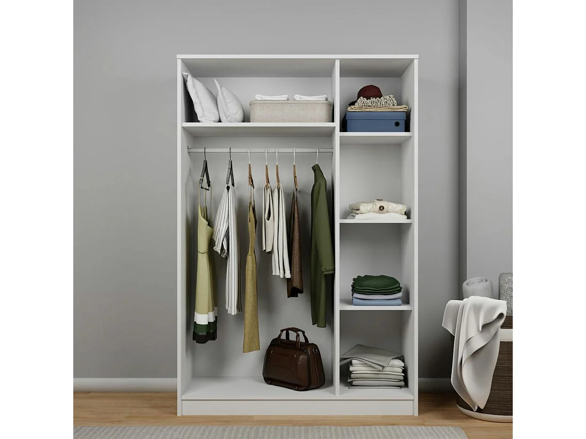 Grande armoire penderie blanche 3 portes 5 étagères BYRON