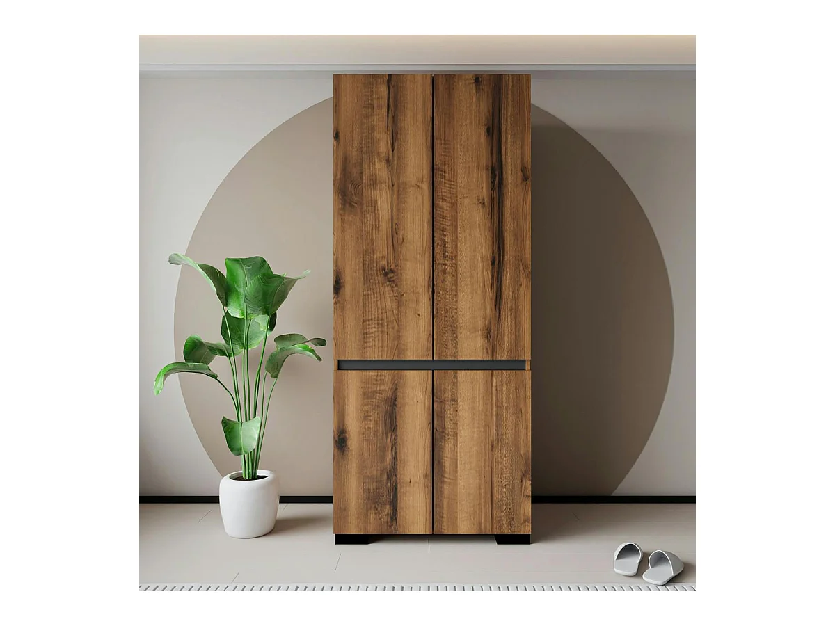 Armoire 2 portes effet noyer détail gris, 5 étagères BYRON