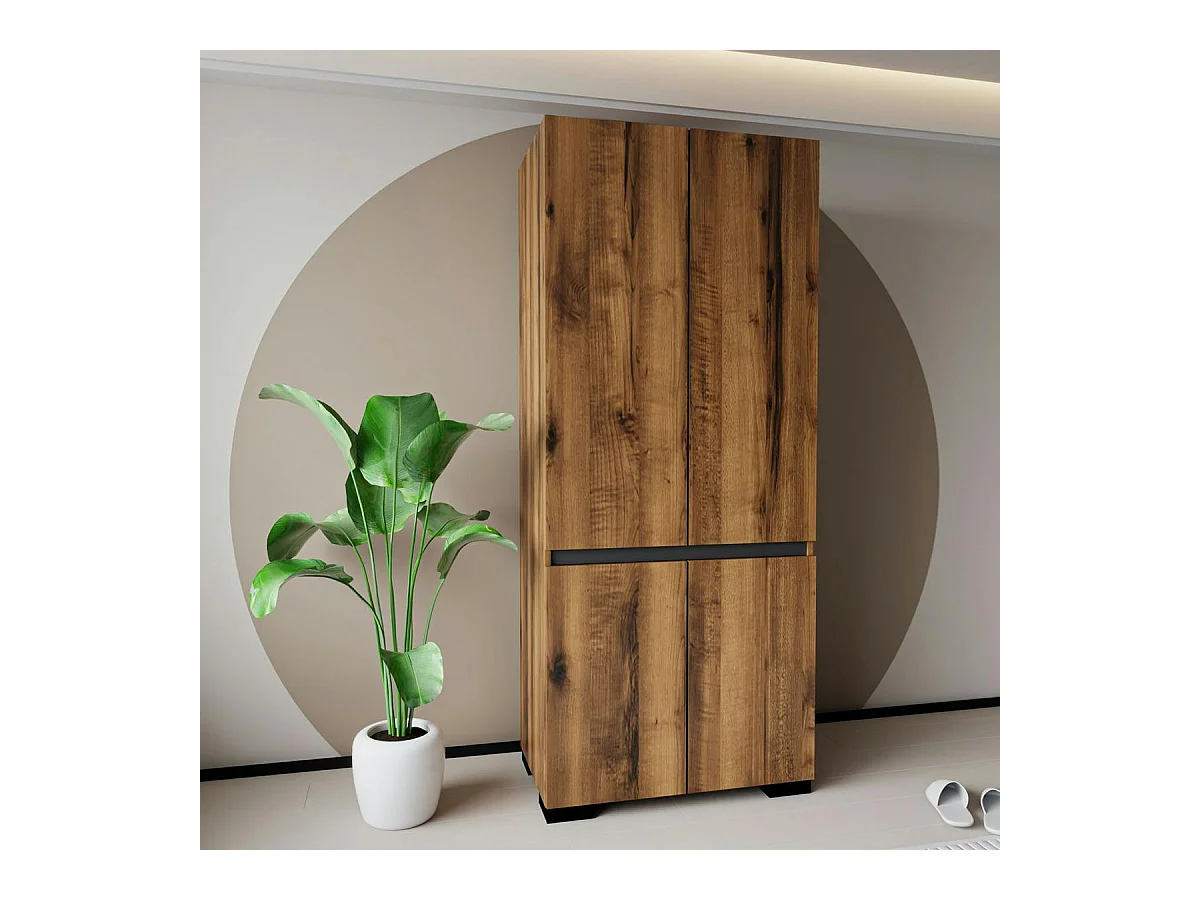 Armoire 2 portes effet noyer détail gris, 5 étagères BYRON