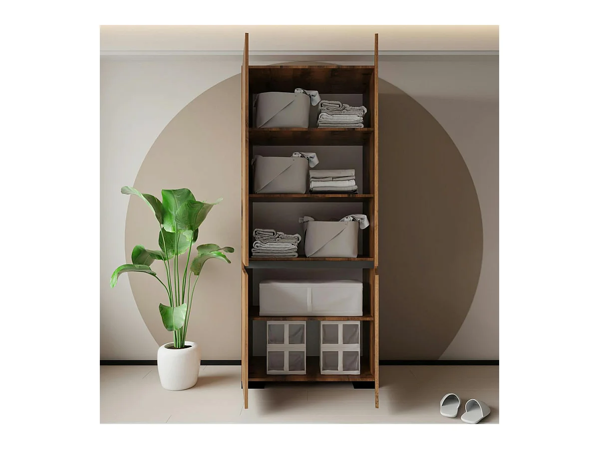 Armoire 2 portes effet noyer détail gris, 5 étagères BYRON