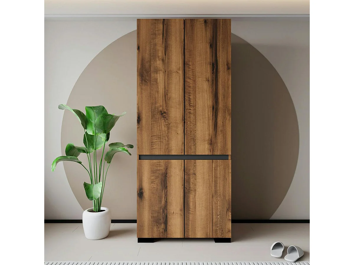 Armoire 2 portes effet noyer détail gris, 5 étagères BYRON