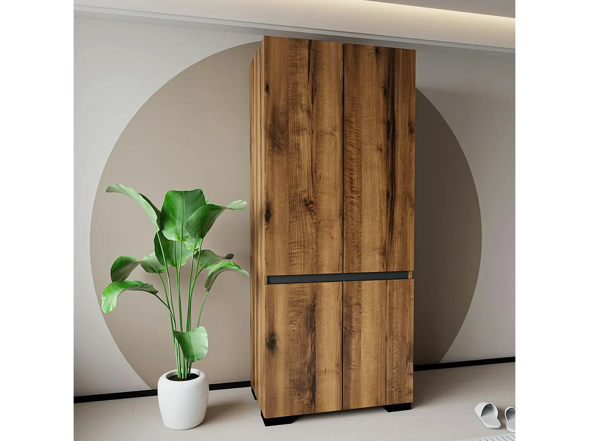 Armoire 2 portes effet noyer détail gris, 5 étagères BYRON