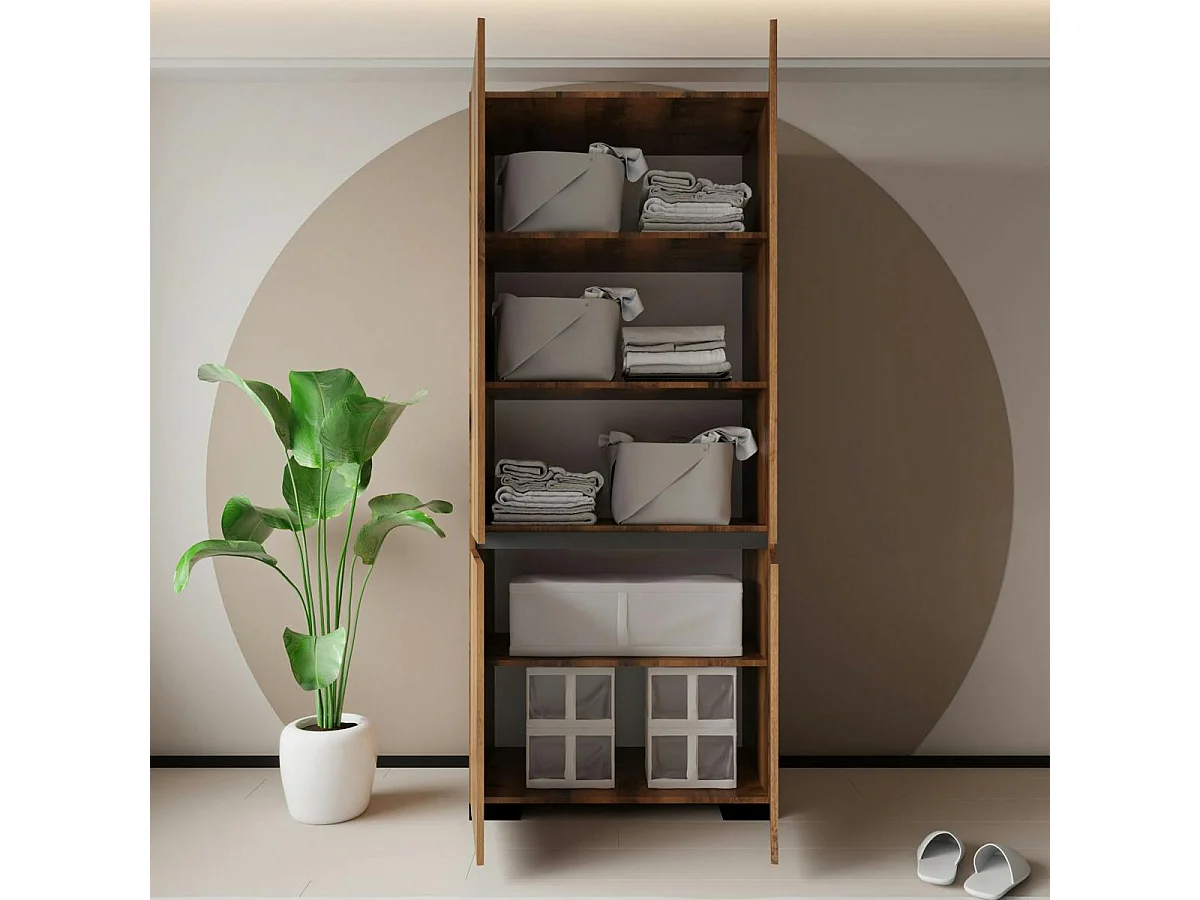 Armoire 2 portes effet noyer détail gris, 5 étagères BYRON