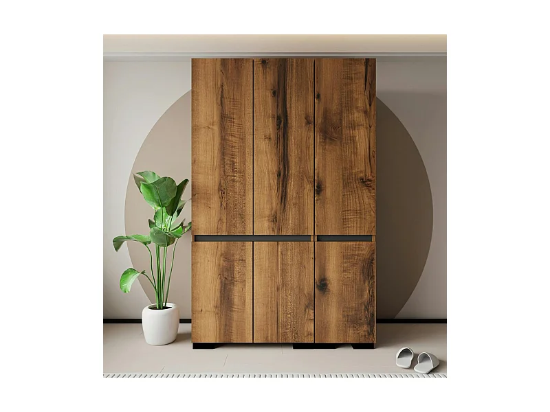 Armoire 3 portes effet noyer détail gris 10 étagères BYRON