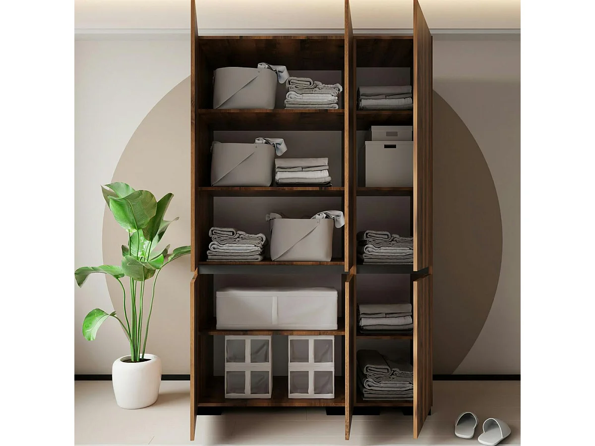 Armoire 3 portes effet noyer détail gris 10 étagères BYRON