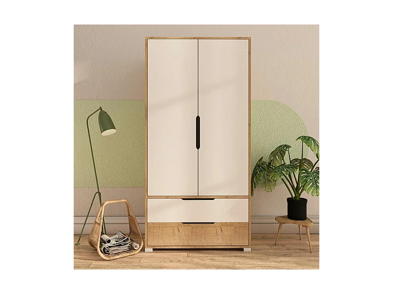 Armoire penderie 2 portes effet bois et blanc BYRON