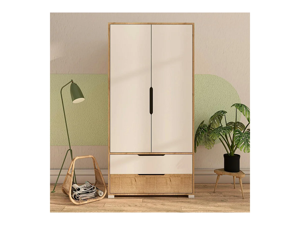 Armoire penderie 2 portes effet bois et blanc BYRON