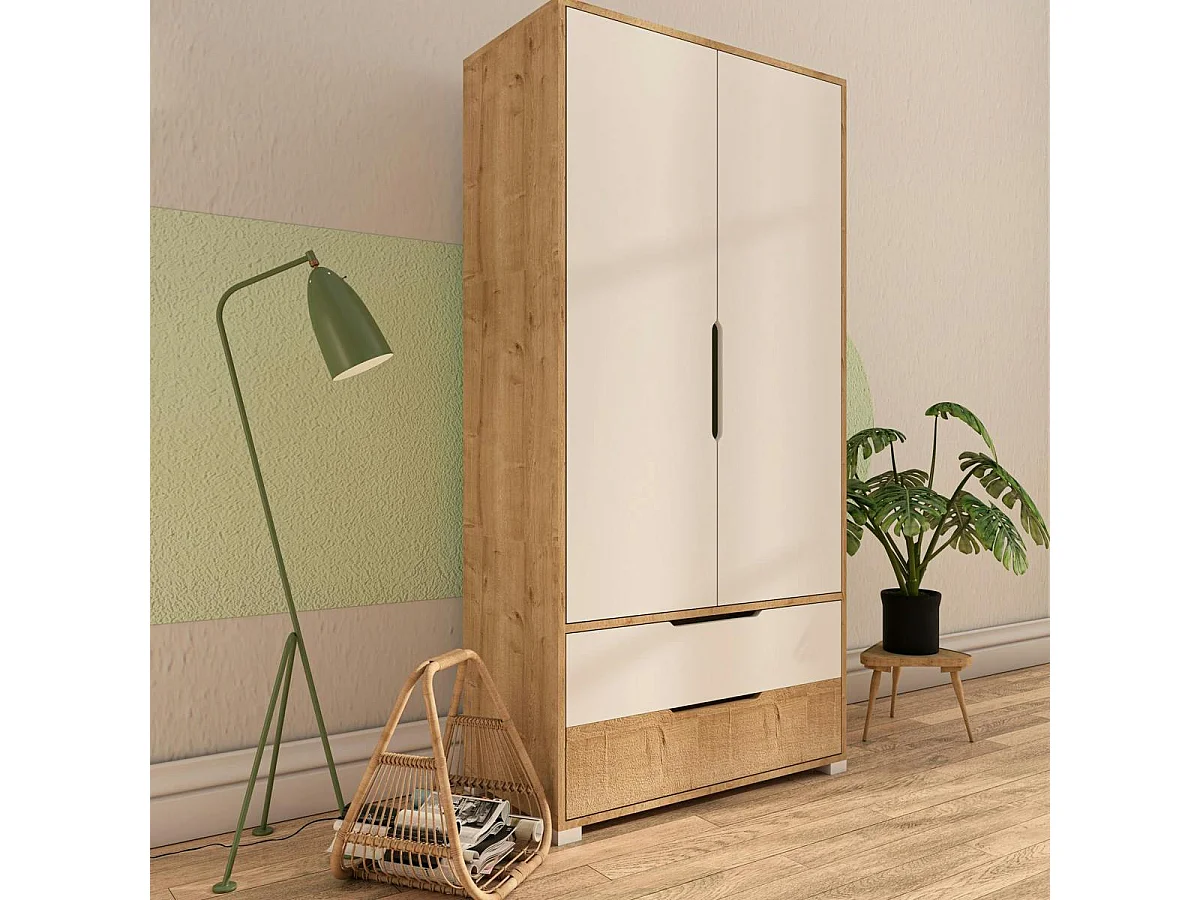 Armoire penderie 2 portes effet bois et blanc BYRON