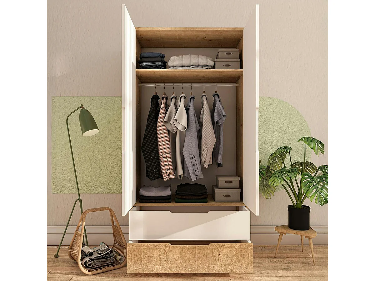 Armoire penderie 2 portes effet bois et blanc BYRON
