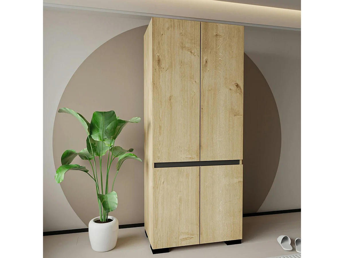 Armoire 2 portes effet bois détail gris, 5 étagères BYRON