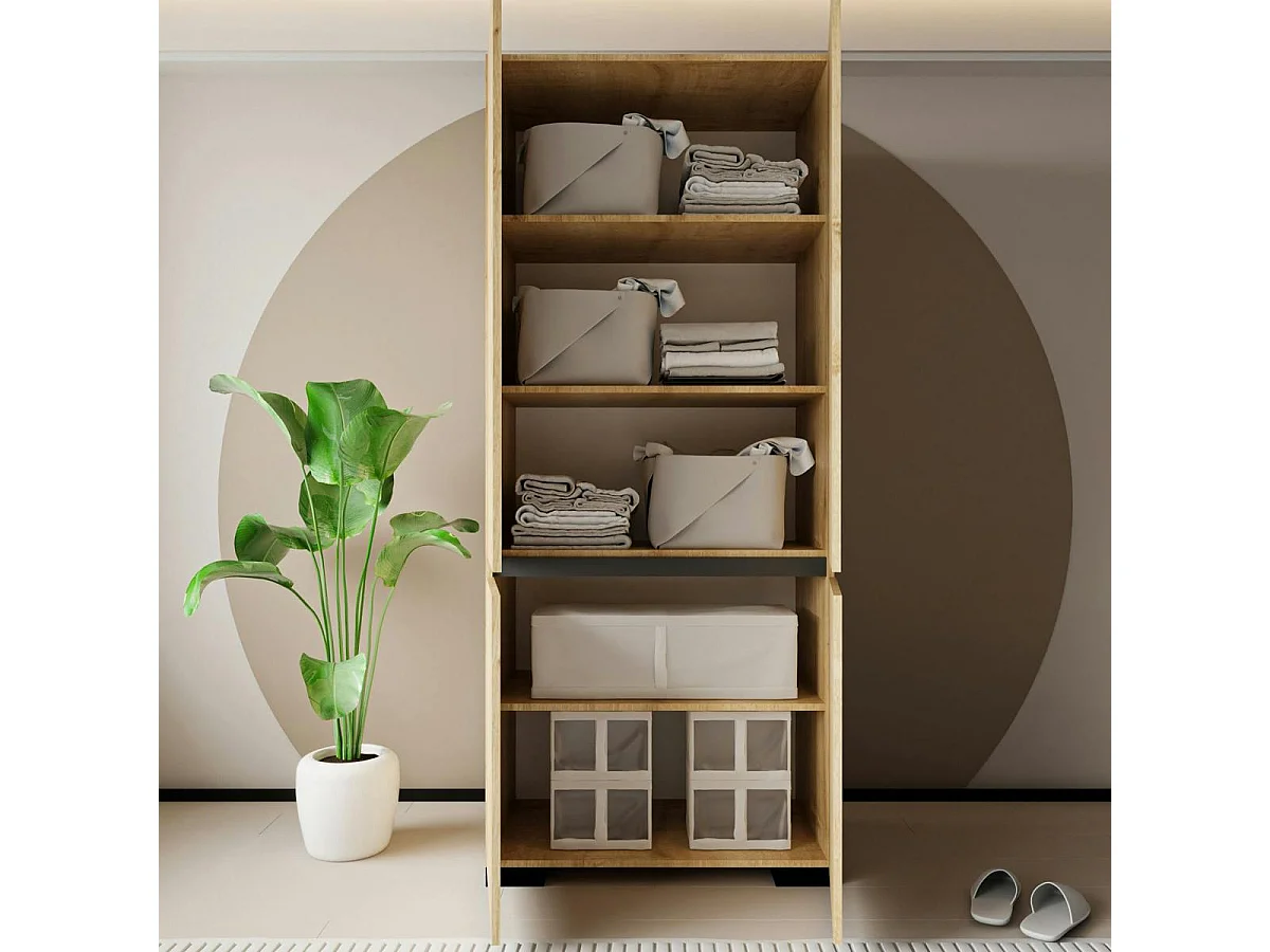 Armoire 2 portes effet bois détail gris, 5 étagères BYRON