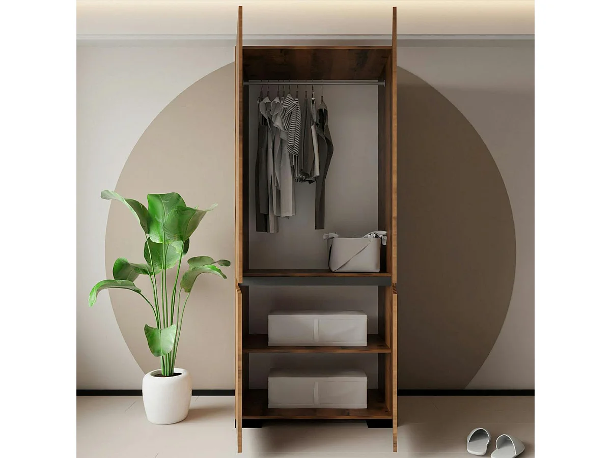 Armoire penderie effet noyer détail gris, 2 étagères BYRON