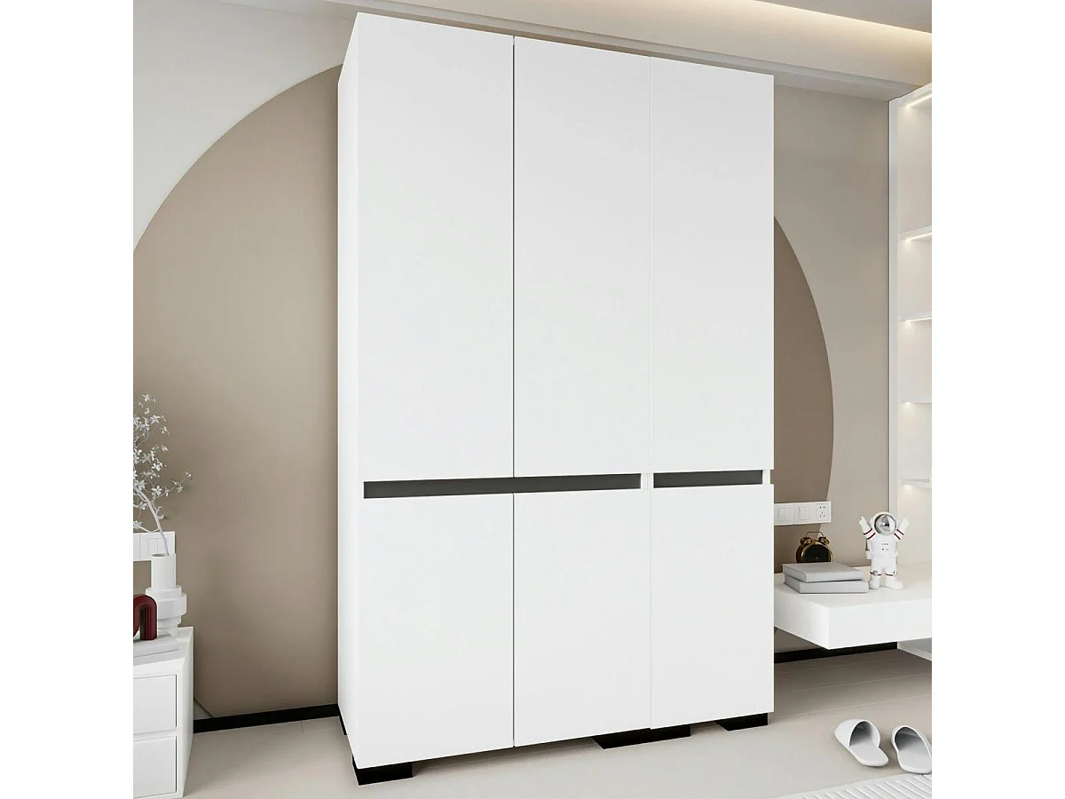 Armoire blanche 3 portes détail gris 10 étagères BYRON