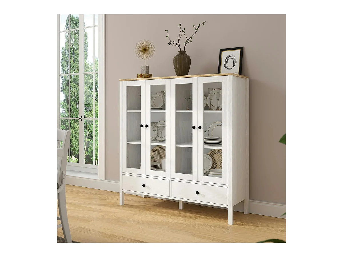 Buffet vaisselier blanc, 4 portes vitrées 2 tiroirs SALTA