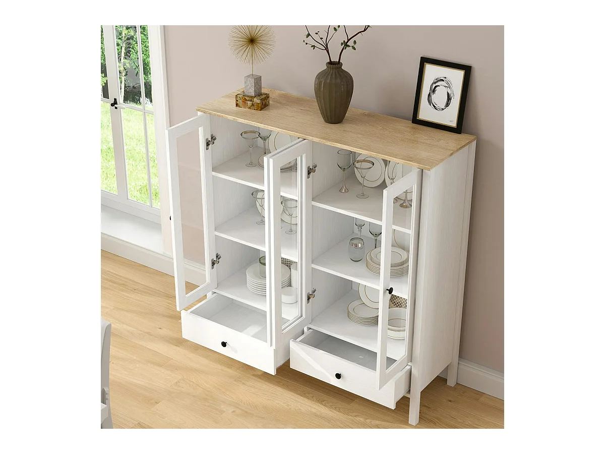 Buffet vaisselier blanc, 4 portes vitrées 2 tiroirs SALTA